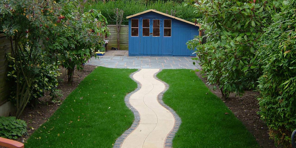 Blue shed with path